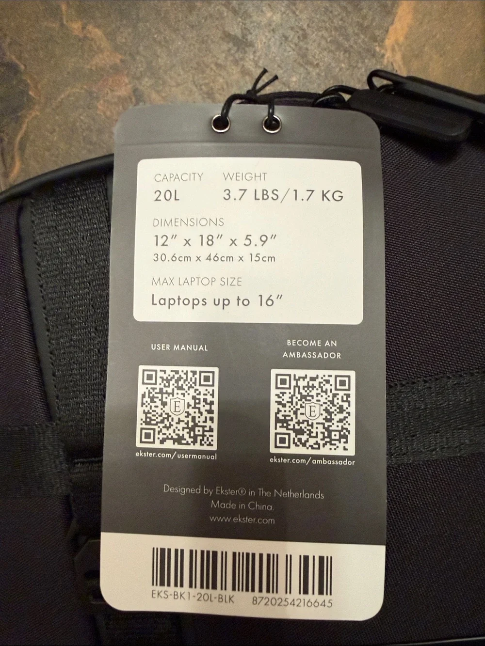 Ekster Grid Travel Backpack, 20L, Personal Item, New